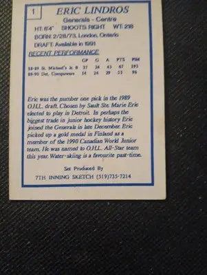 1989-90 7th Inning Sketch OHL - Eric Lindros #1 (RC). NRMT+ - Hockey Card Single