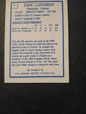 1989-90 7th Inning Sketch OHL - Eric Lindros #1 (RC). NRMT+ - Hockey Card Single