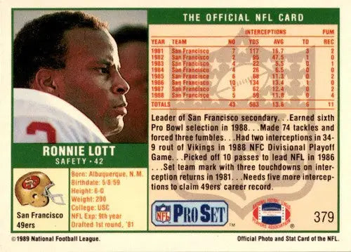 1989 -90 Pro Set Super Bowl XXIV #379 Ronnie Lott ID:45516 - Football Card Single