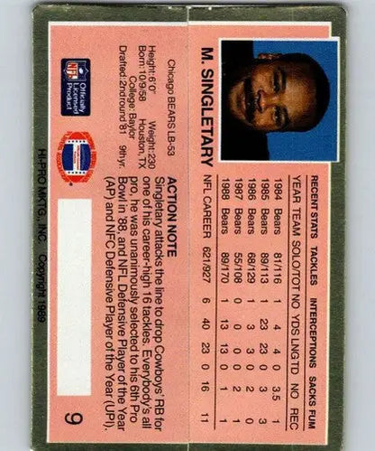 Original gloss of 1989 Action Packed Test Mike Singletary Football card back