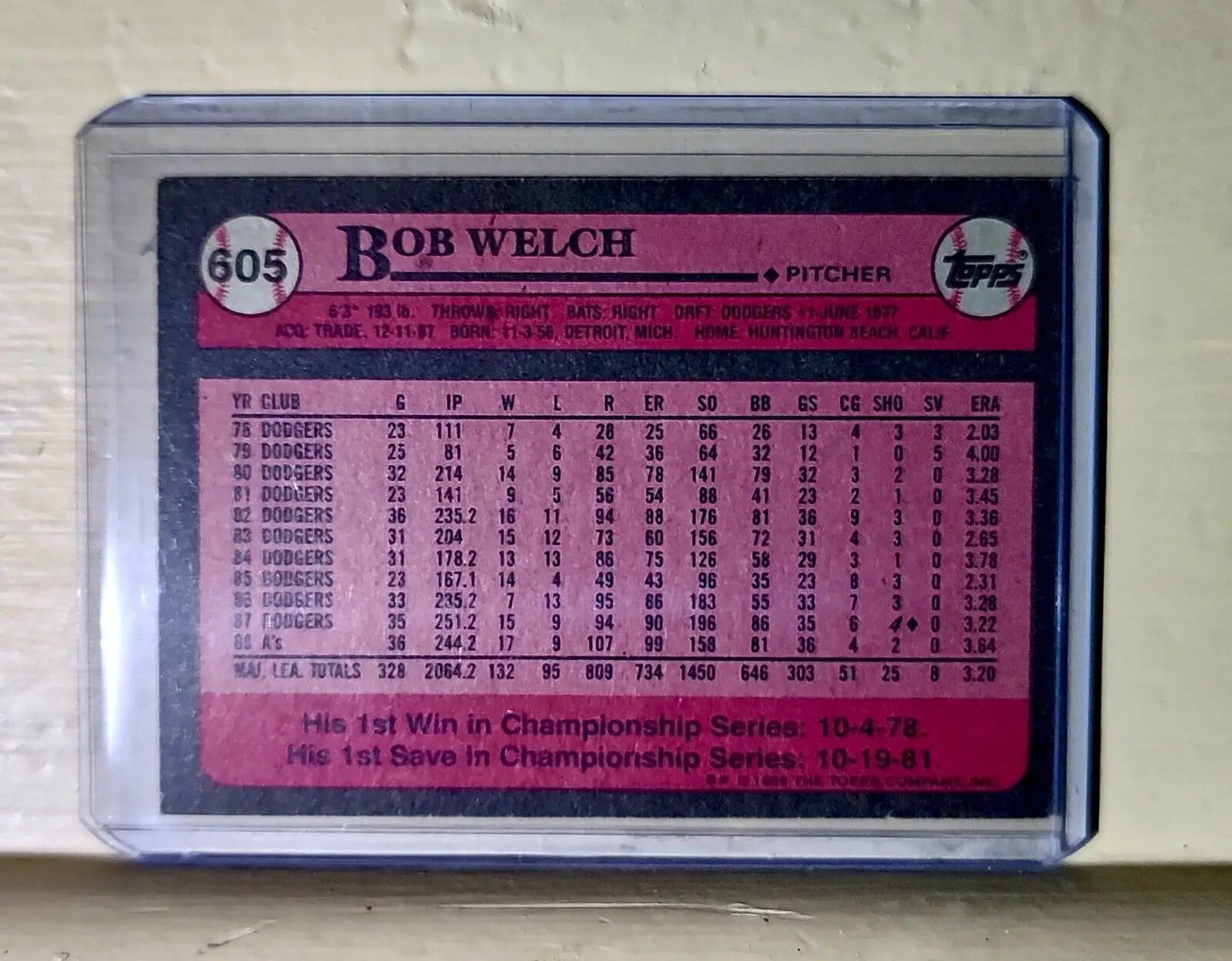 1989 Bob Welch Topps Baseball Card #605 - Baseball Card Single