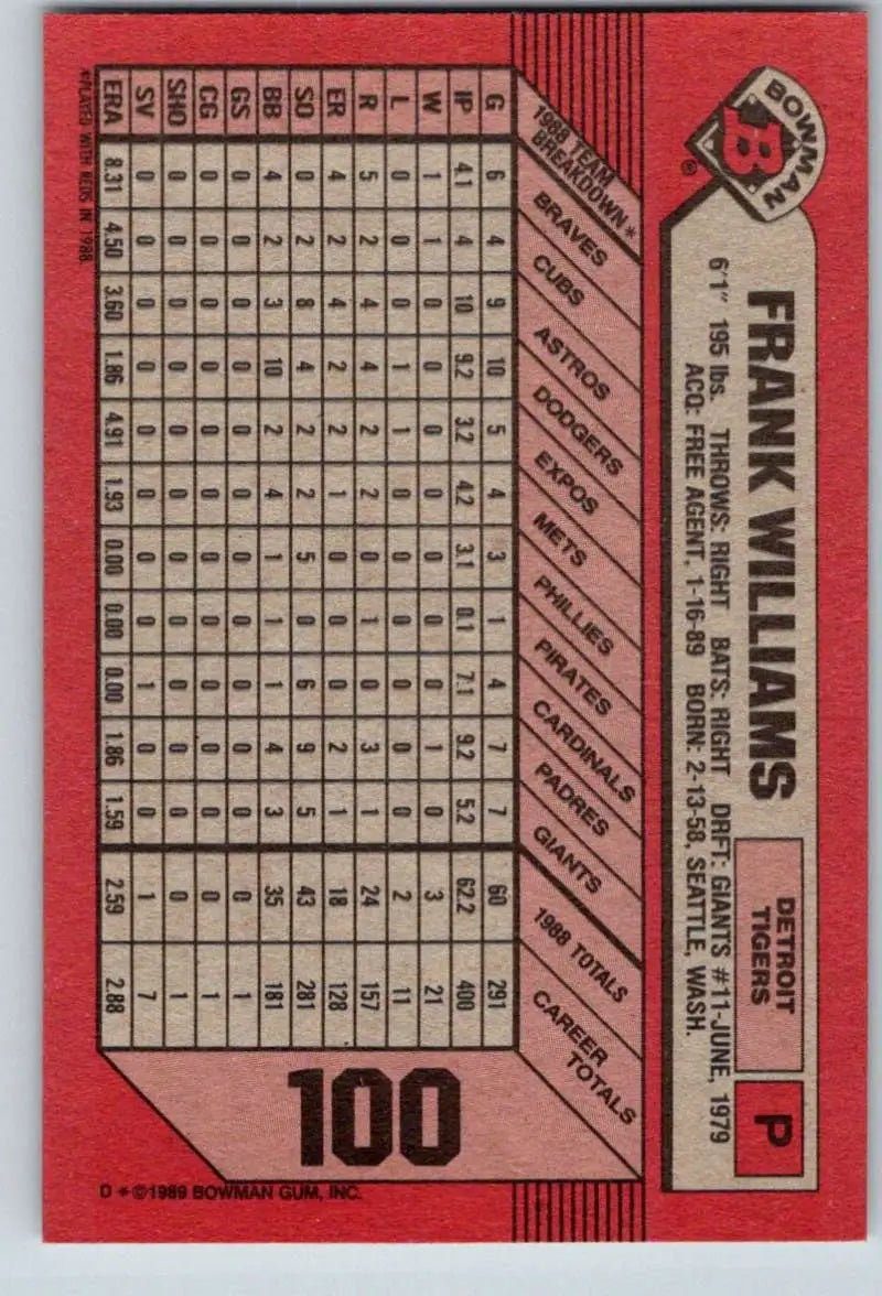 1989 Bowman #100 Frank Williams NM-MT Detroit Tigers Baseball Card - Baseball Card Single