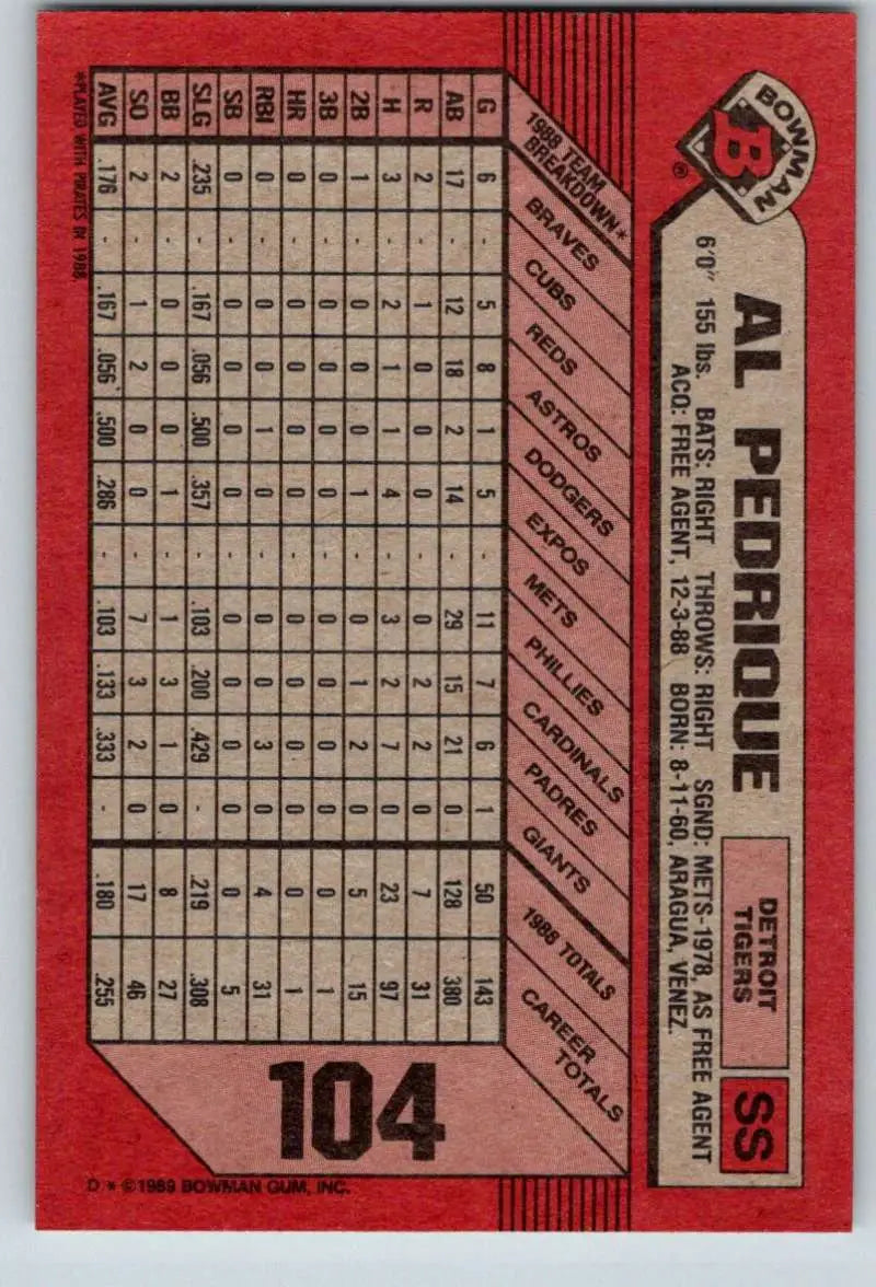 1989 Bowman #104 Al Pedrique NM-MT Detroit Tigers Baseball Card - Baseball Card Single