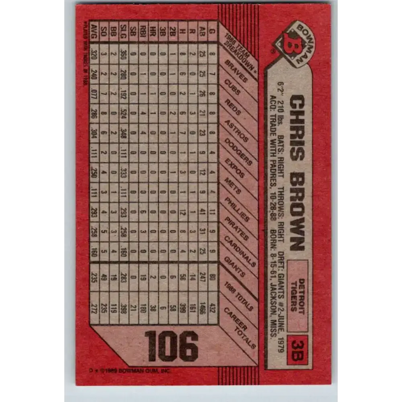 1989 Bowman #106 Chris Brown NM-MT Detroit Tigers Baseball Card - Baseball Card Single
