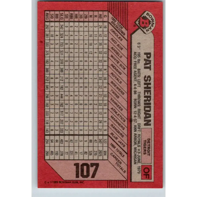1989 Bowman #107 Pat Sheridan NM-MT Detroit Tigers Baseball Card - Baseball Card Single