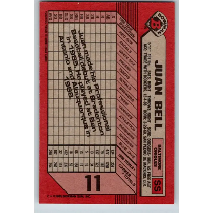 1989 Bowman #11 Juan Bell NM-MT RC Rookie Baltimore Orioles Baseball Card