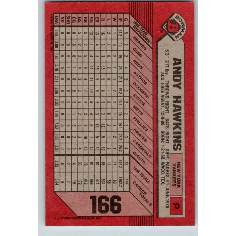 1989 Bowman #166 Andy Hawkins NM-MT New York Yankees Baseball Card - Baseball Card Single