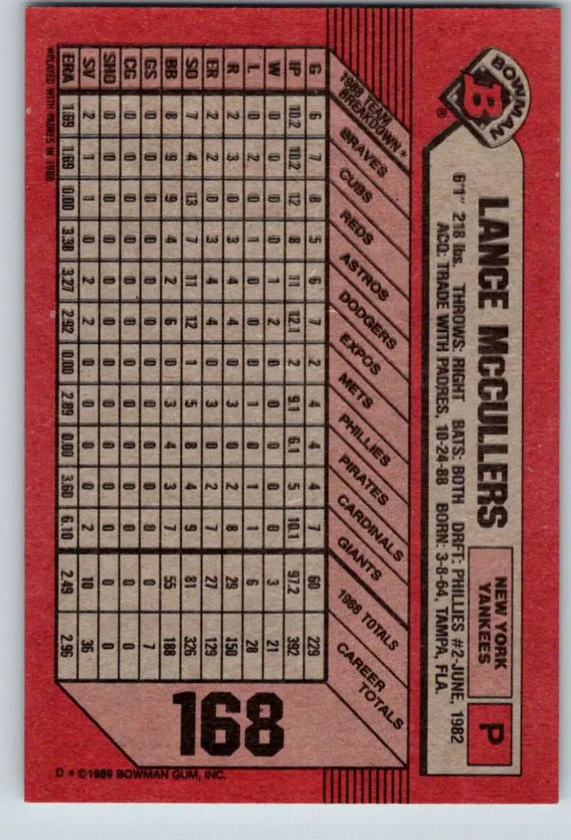 1989 Bowman #168 Lance McCullers NM-MT New York Yankees Baseball Card - Baseball Card Single