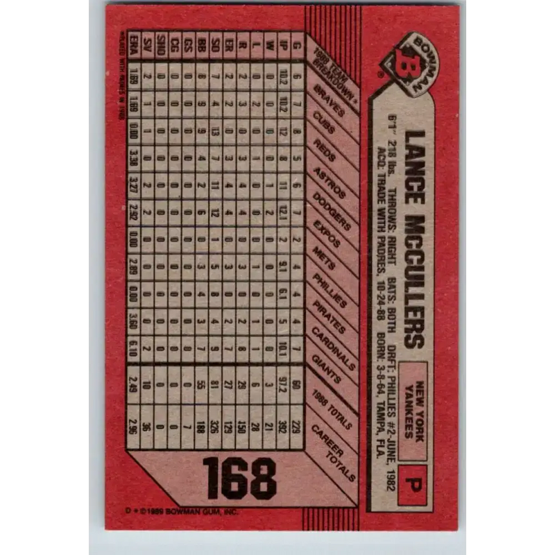 1989 Bowman #168 Lance McCullers NM-MT New York Yankees Baseball Card - Baseball Card Single