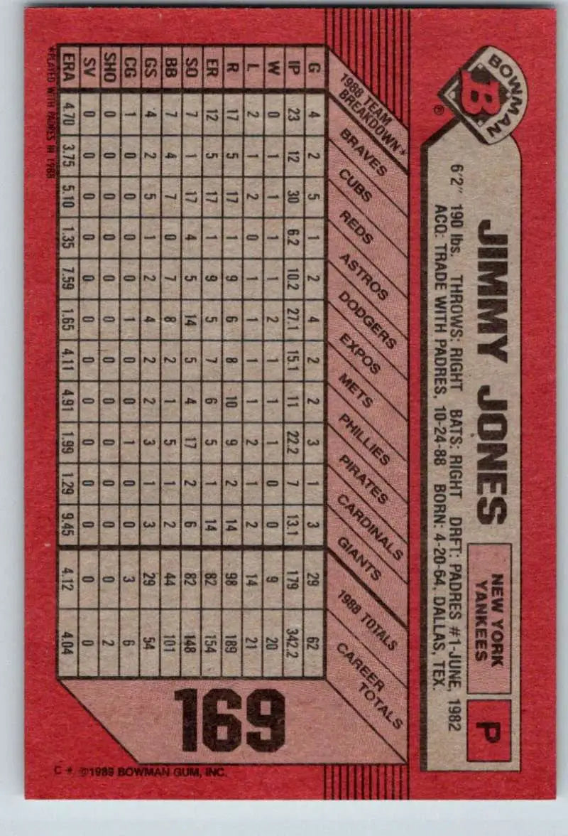 1989 Bowman #169 Jimmy Jones NM-MT New York Yankees Baseball Card - Baseball Card Single