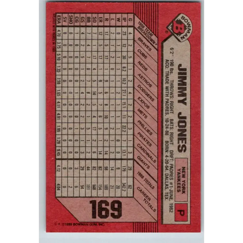 1989 Bowman #169 Jimmy Jones NM-MT New York Yankees Baseball Card - Baseball Card Single