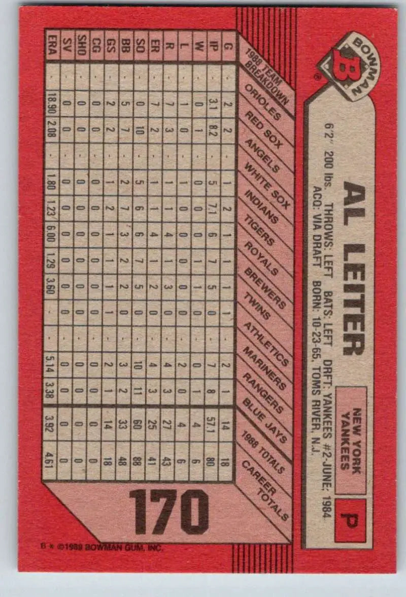 1989 Bowman #170 Al Leiter NM-MT New York Yankees Baseball Card - Baseball Card Single