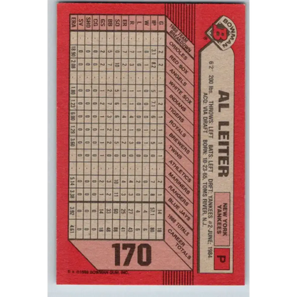 1989 Bowman #170 Al Leiter NM-MT New York Yankees Baseball Card
