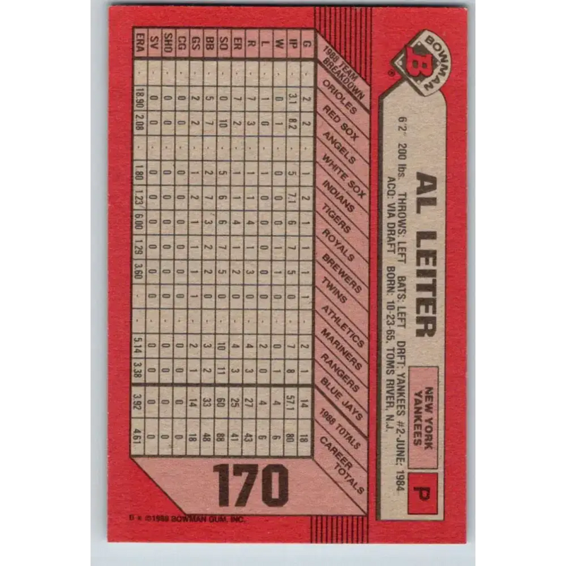 1989 Bowman #170 Al Leiter NM-MT New York Yankees Baseball Card - Baseball Card Single