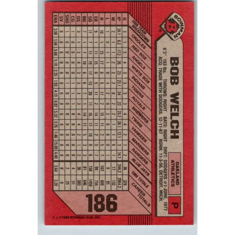 1989 Bowman #186 Bob Welch NM-MT Oakland Athletics Baseball Card - Baseball Card Single