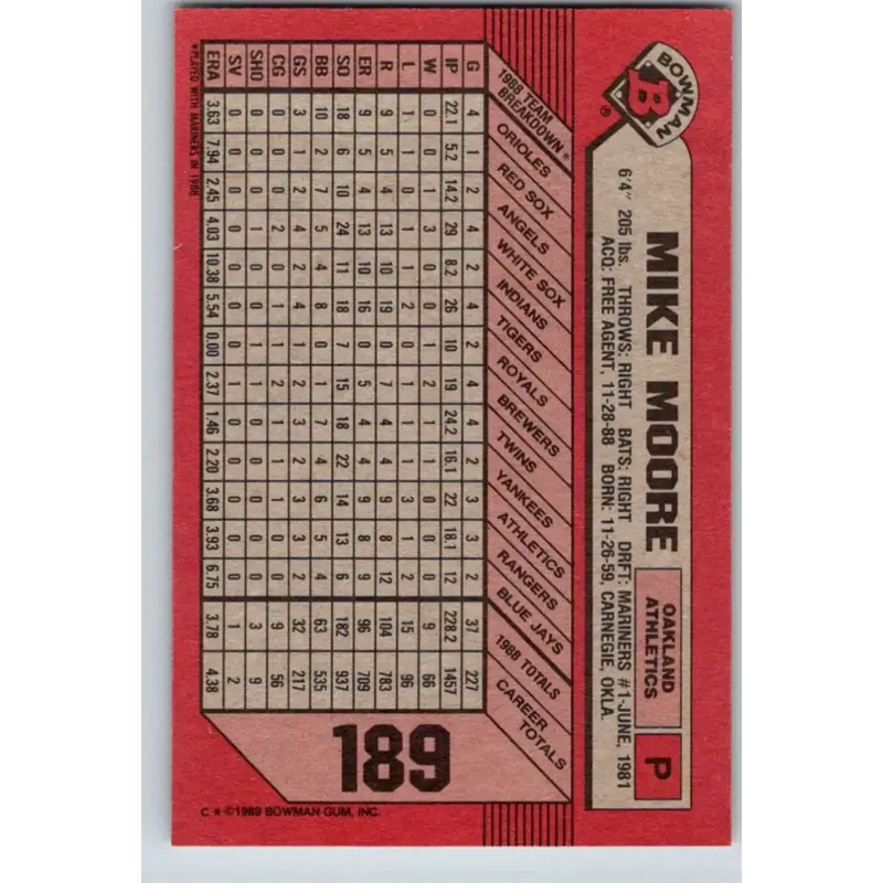 1989 Bowman #189 Mike Moore NM-MT Oakland Athletics Baseball Card - Baseball Card Single