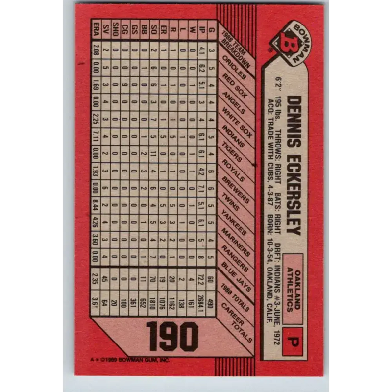 1989 Bowman #190 Dennis Eckersley NM-MT Oakland Athletics Baseball Card - Baseball Card Single