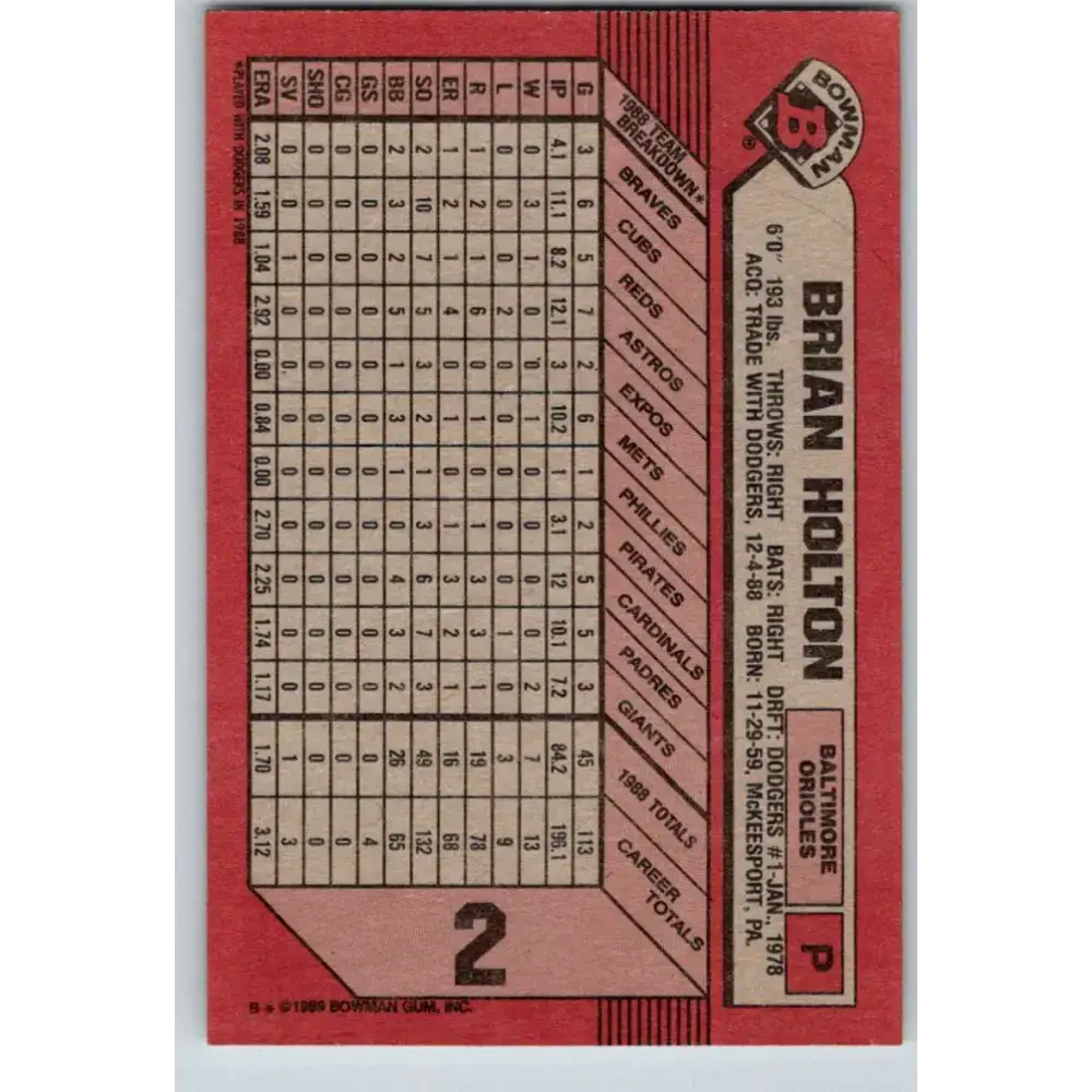 1989 Bowman #2 Brian Holton NM-MT Baltimore Orioles Baseball Card - Baseball Card Single