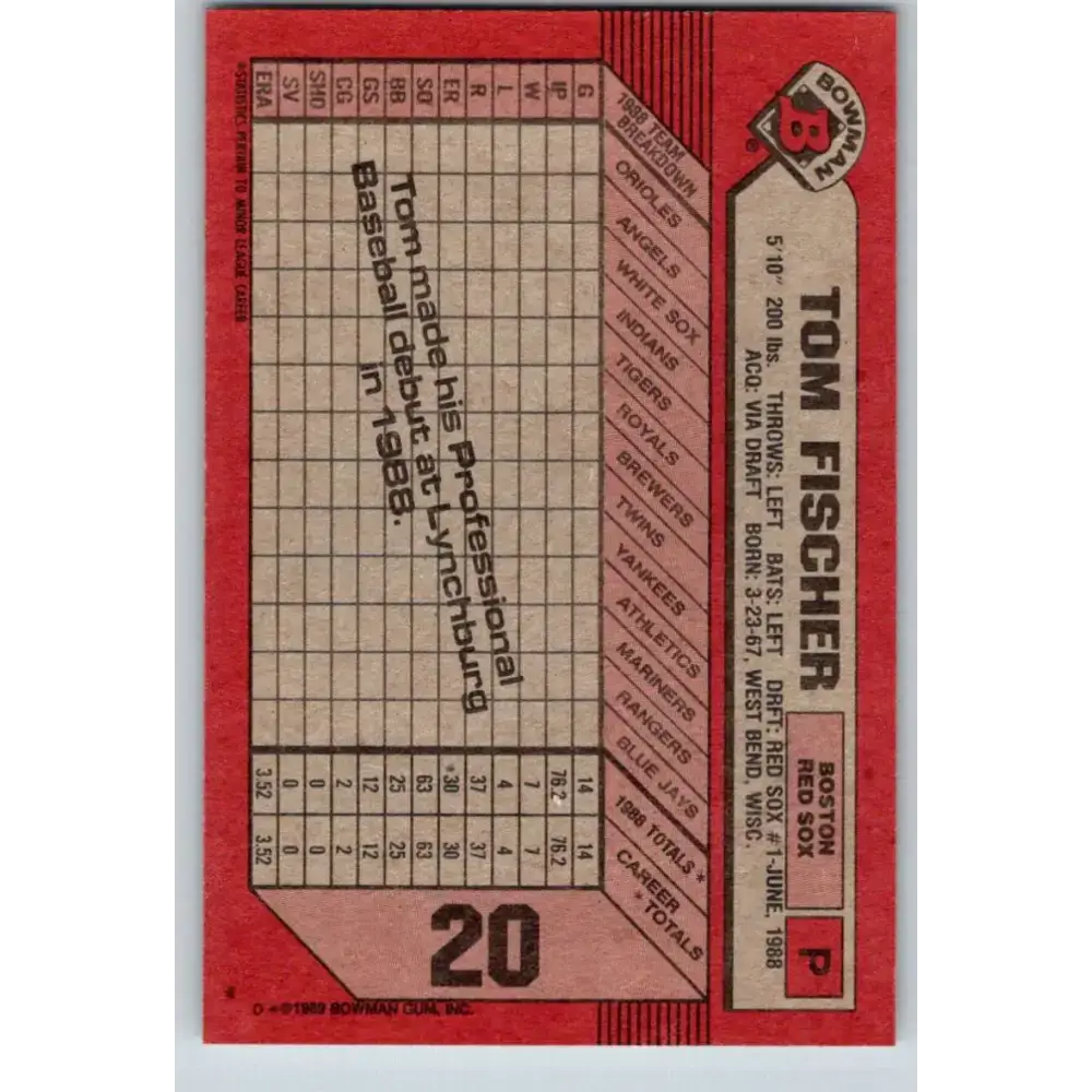 1989 Bowman #20 Tom Fischer NM-MT RC Rookie Boston Red Sox Baseball Card - Baseball Card Single