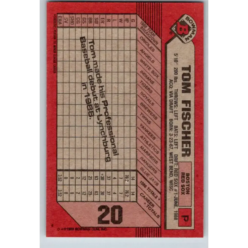 1989 Bowman #20 Tom Fischer NM-MT RC Rookie Boston Red Sox Baseball Card - Baseball Card Single