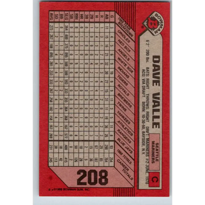 1989 Bowman #208 Dave Valle NM-MT Seattle Mariners Baseball Card