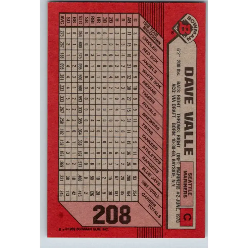1989 Bowman #208 Dave Valle NM-MT Seattle Mariners Baseball Card - Baseball Card Single