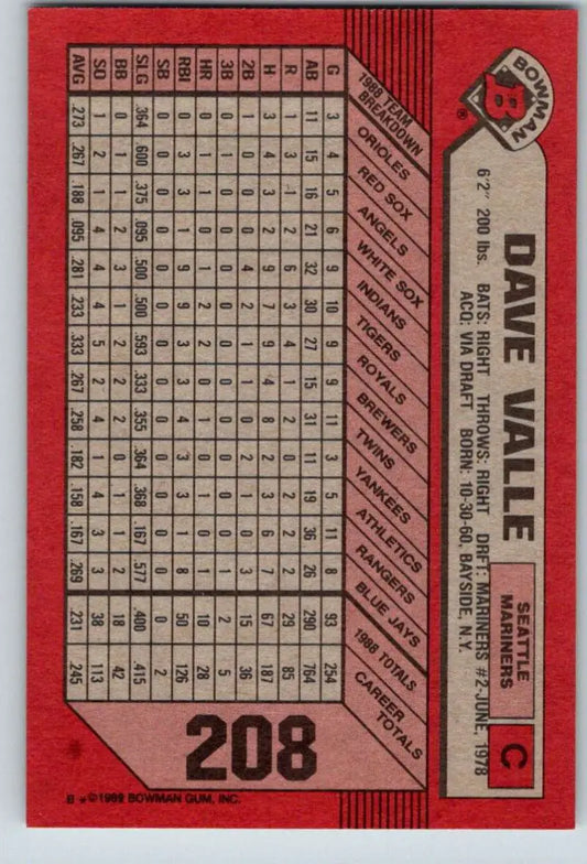 1989 Bowman #208 Dave Valle NM-MT Seattle Mariners Baseball Card - Baseball Card Single
