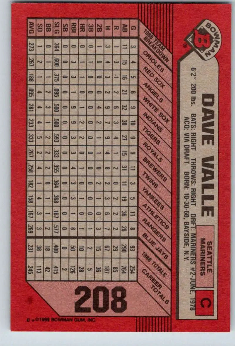 1989 Bowman #208 Dave Valle NM-MT Seattle Mariners Baseball Card - Baseball Card Single