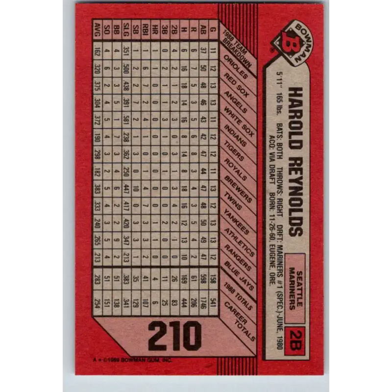 1989 Bowman #210 Harold Reynolds NM-MT Seattle Mariners Baseball Card - Baseball Card Single