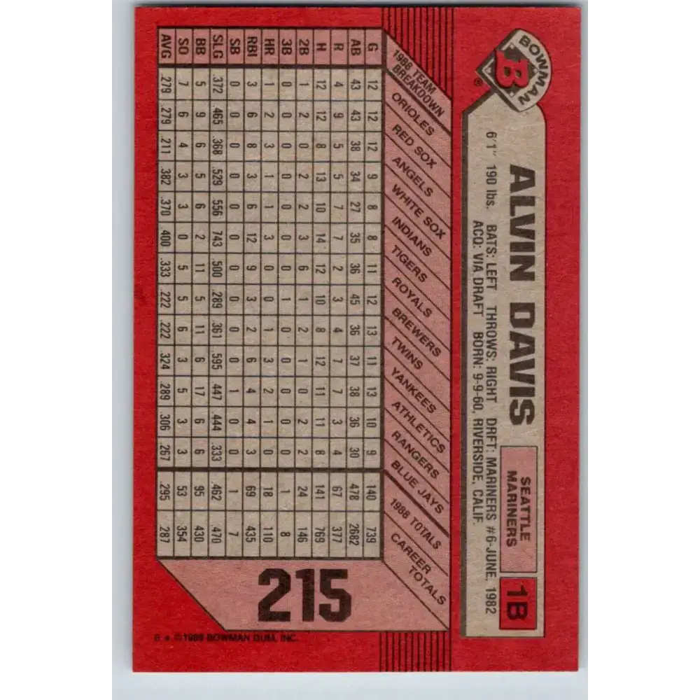 1989 Bowman #215 Alvin Davis NM-MT Seattle Mariners Baseball Card