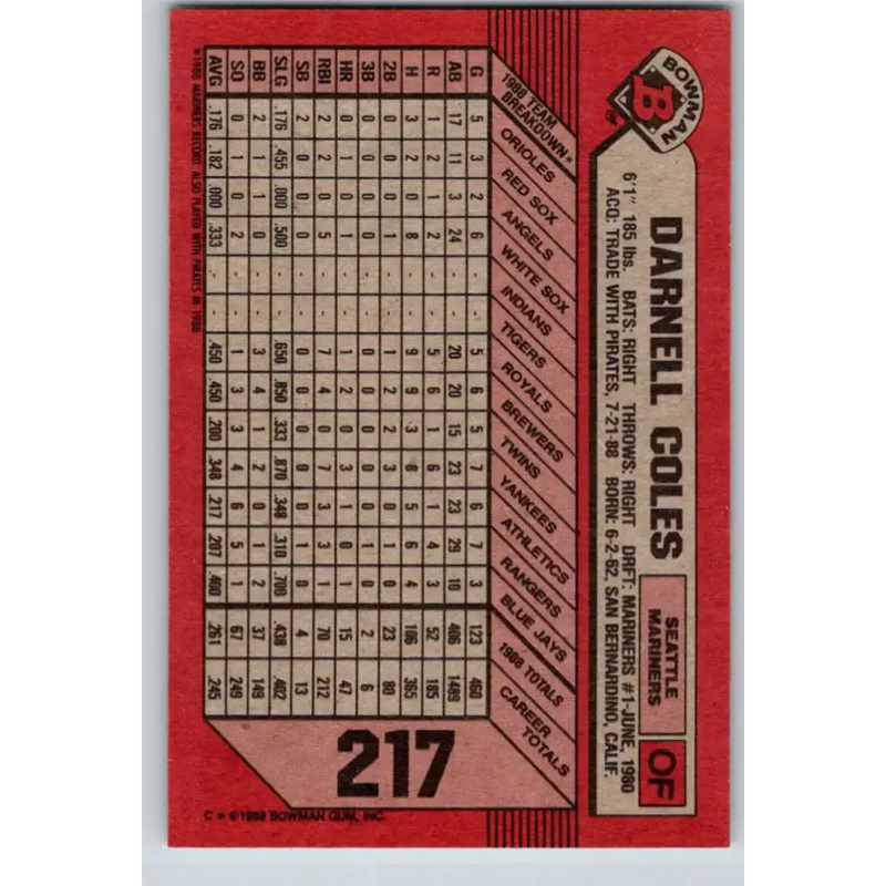 1989 Bowman #217 Darnell Coles NM-MT Seattle Mariners Baseball Card - Baseball Card Single
