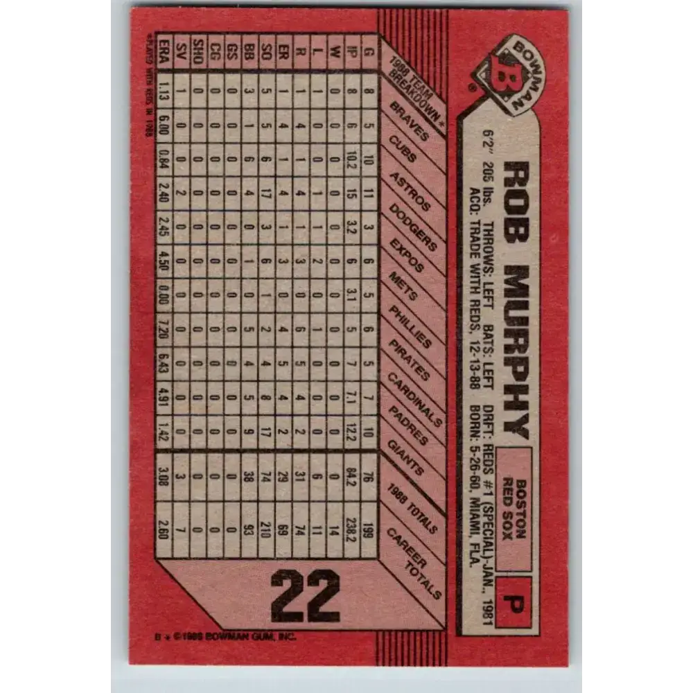 1989 Bowman #22 Rob Murphy NM-MT Boston Red Sox Baseball Card - Baseball Card Single