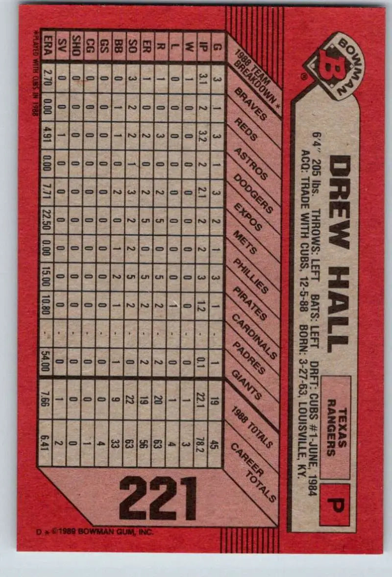 1989 Bowman #221 Drew Hall NM-MT Texas Rangers Baseball Card - Baseball Card Single