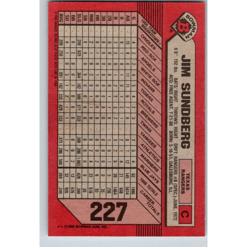 1989 Bowman #227 Jim Sundberg NM-MT Texas Rangers Baseball Card - Baseball Card Single