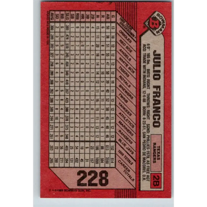 1989 Bowman #228 Julio Franco NM-MT Texas Rangers Baseball Card