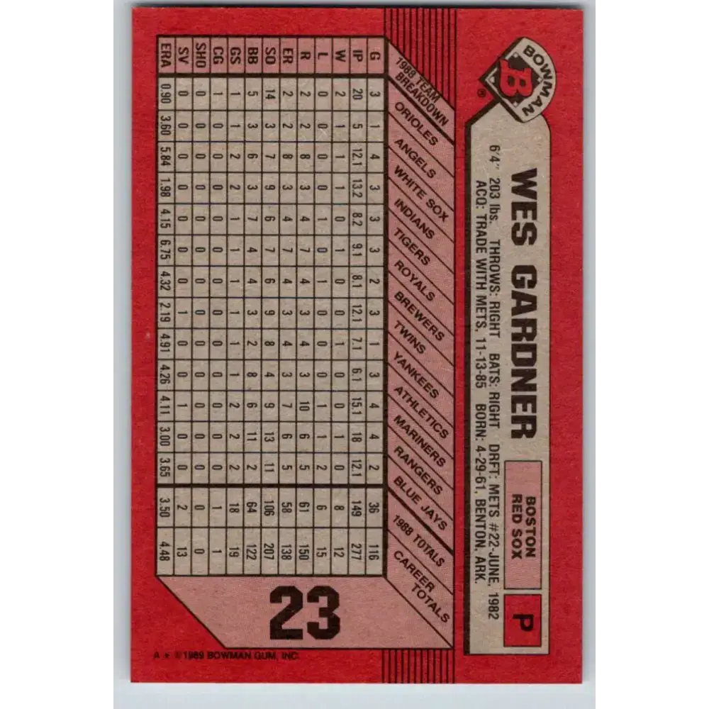 1989 Bowman #23 Wes Gardner NM-MT Boston Red Sox Baseball Card - Baseball Card Single