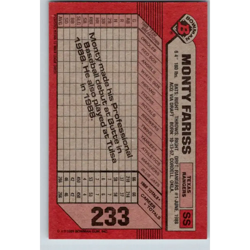 1989 Bowman #233 Monty Fariss NM-MT RC Rookie Texas Rangers Baseball Card - Baseball Card Single