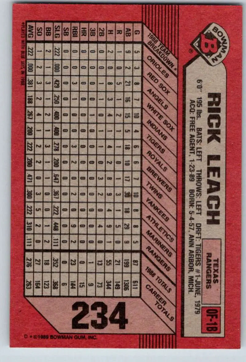 1989 Bowman #234 Rick Leach NM-MT Texas Rangers Baseball Card - Baseball Card Single