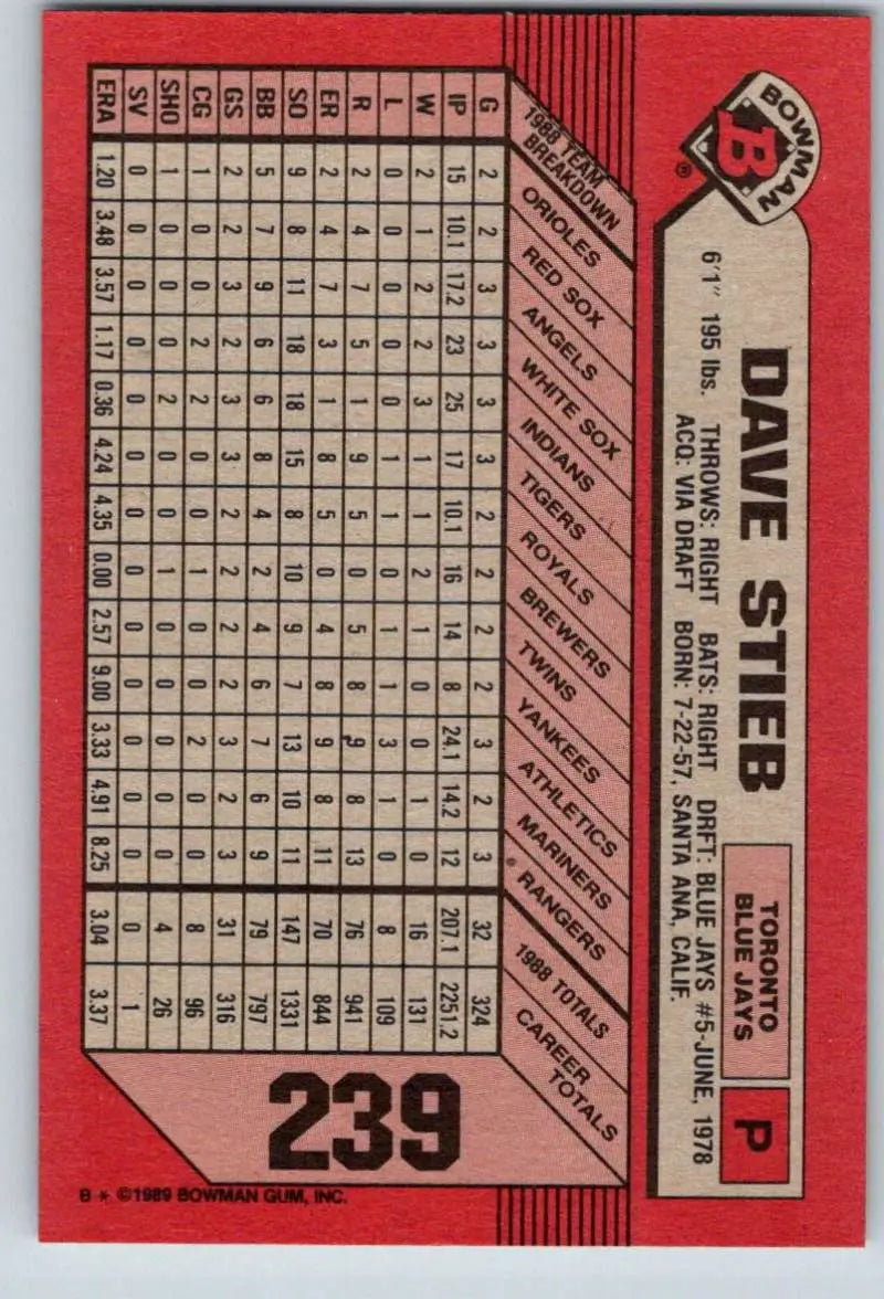 1989 Bowman #239 Dave Stieb NM-MT Toronto Blue Jays Baseball Card - Baseball Card Single