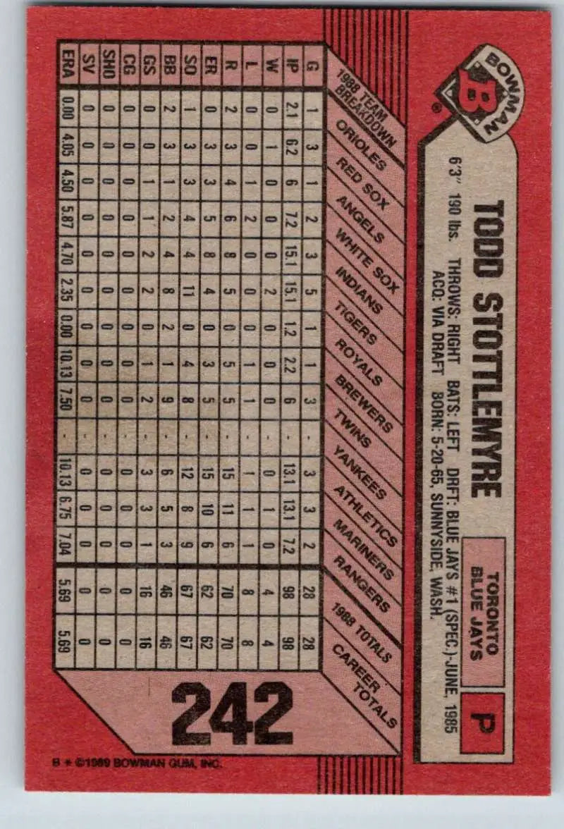 1989 Bowman #242 Todd Stottlemyre NM-MT Toronto Blue Jays Baseball Card - Baseball Card Single