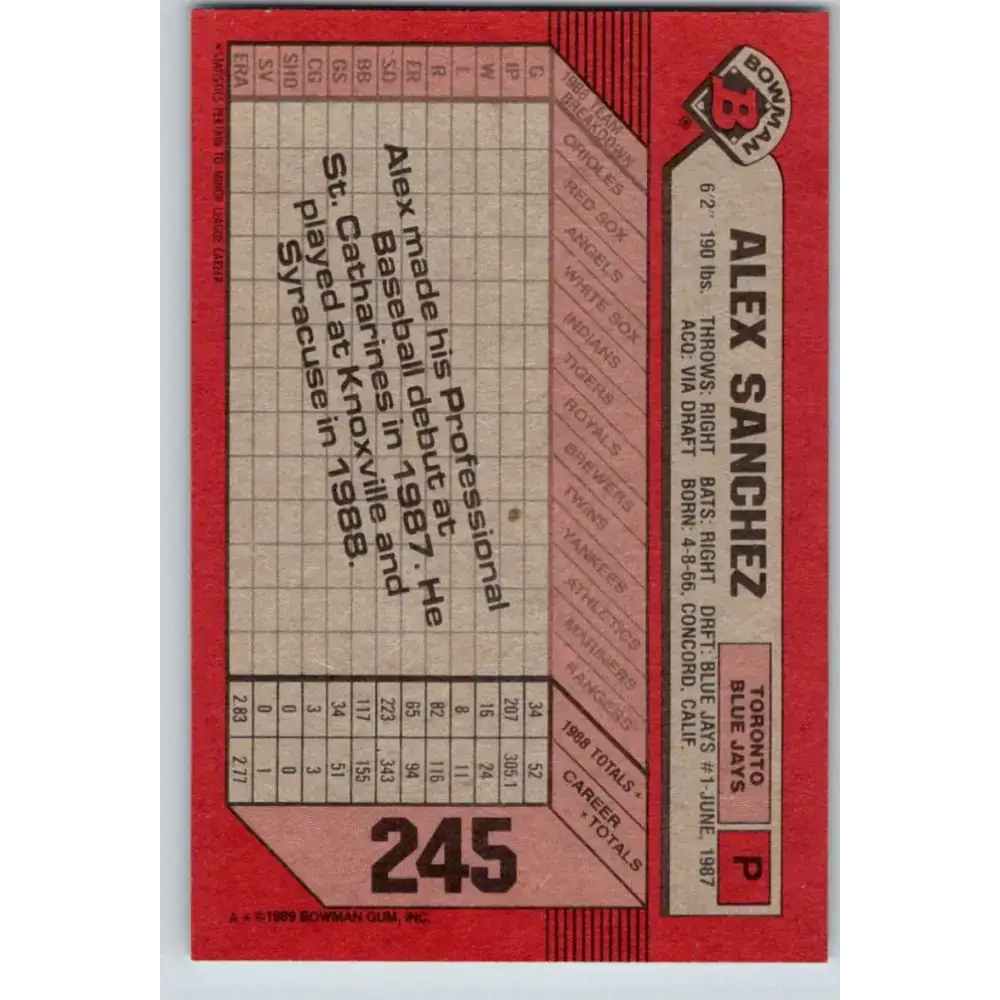 1989 Bowman #245 Alex Sanchez NM-MT RC Rookie Toronto Blue Jays Baseball Card