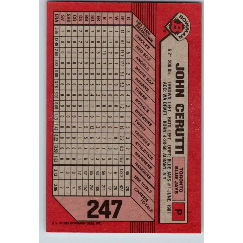 1989 Bowman #247 John Cerutti NM-MT Toronto Blue Jays Baseball Card - Baseball Card Single