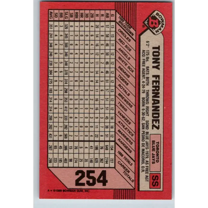1989 Bowman #254 Tony Fernandez NM-MT Toronto Blue Jays Baseball Card