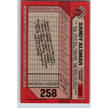 1989 Bowman #258 Sandy Alomar Sr./Sandy Alomar Jr./Roberto Alomar NM-MT San Diego Padres Baseball Card