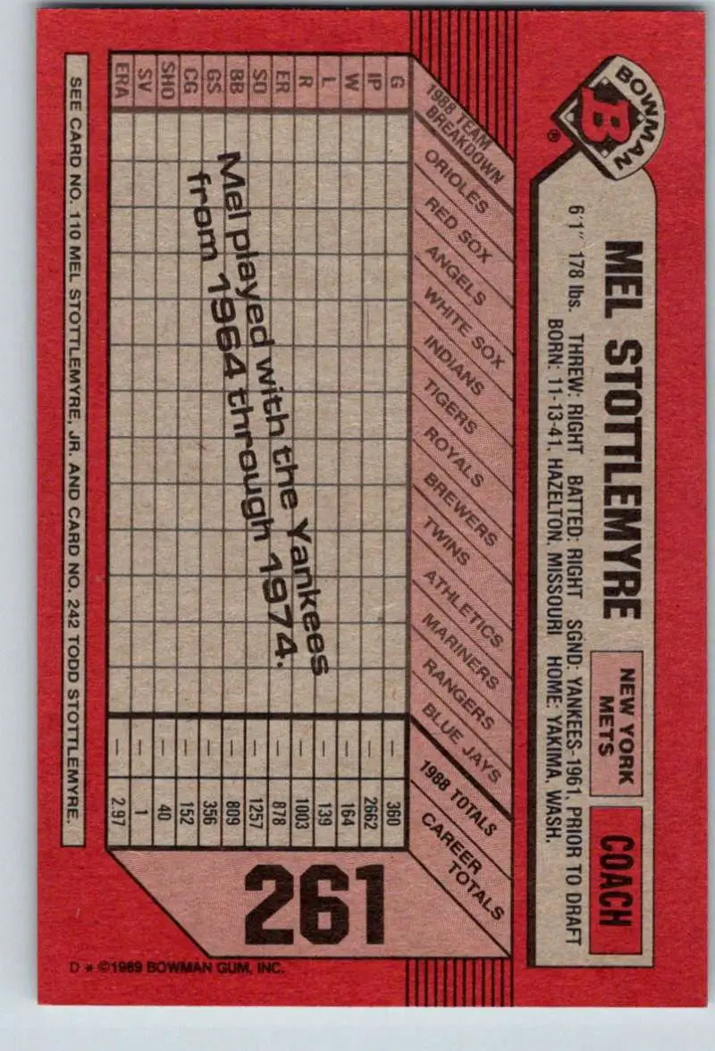 1989 Bowman #261 Mel Stottlemyre/Mel Stottlemyre Jr./Todd Stottlemyre NM-MT New York Mets Baseball Card - Baseball Card