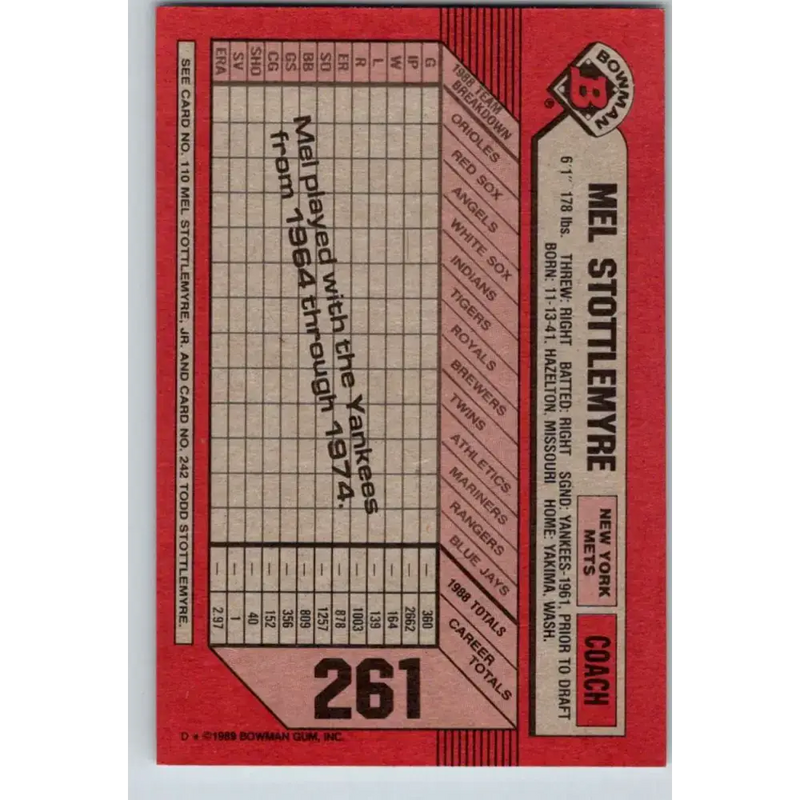 1989 Bowman #261 Mel Stottlemyre/Mel Stottlemyre Jr./Todd Stottlemyre NM-MT New York Mets Baseball Card - Baseball Card