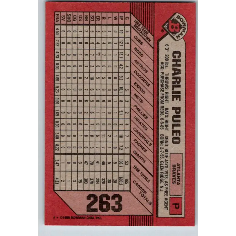 1989 Bowman #263 Charlie Puleo NM-MT Atlanta Braves Baseball Card - Baseball Card Single