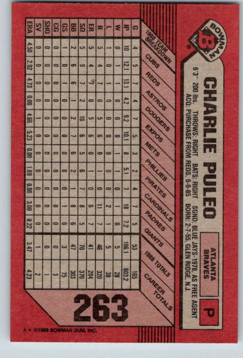 1989 Bowman #263 Charlie Puleo NM-MT Atlanta Braves Baseball Card - Baseball Card Single