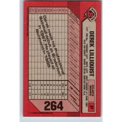 1989 Bowman #264 Derek Lilliquist NM-MT RC Rookie Atlanta Braves Baseball Card