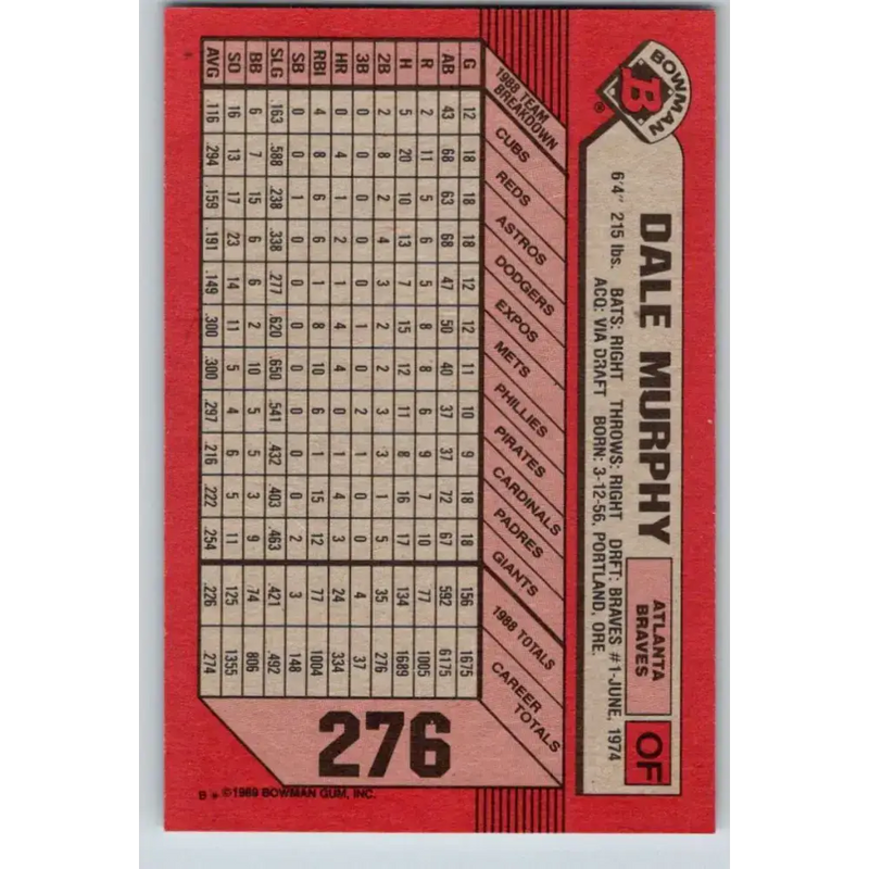1989 Bowman #276 Dale Murphy NM-MT Atlanta Braves Baseball Card - Baseball Card Single